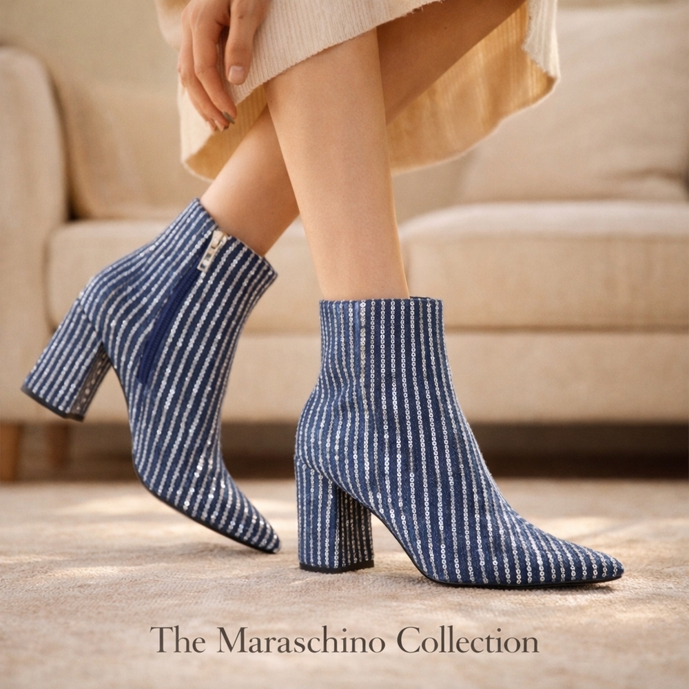 Denim Sequin Ankle Boots Pointed Toe Block Heel | Size 7